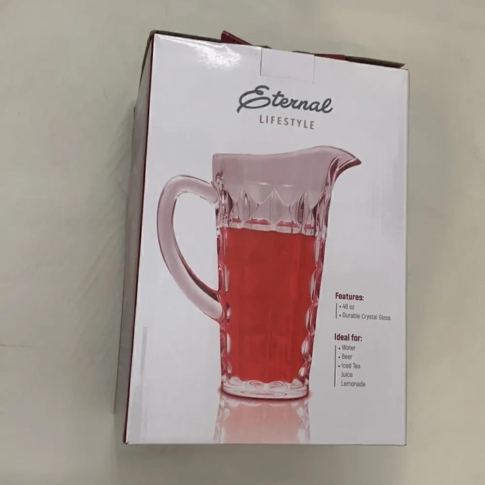 Eternal Lifestyle Clear Glass Beverage Pitcher 48 Ounces Durable Crystal New